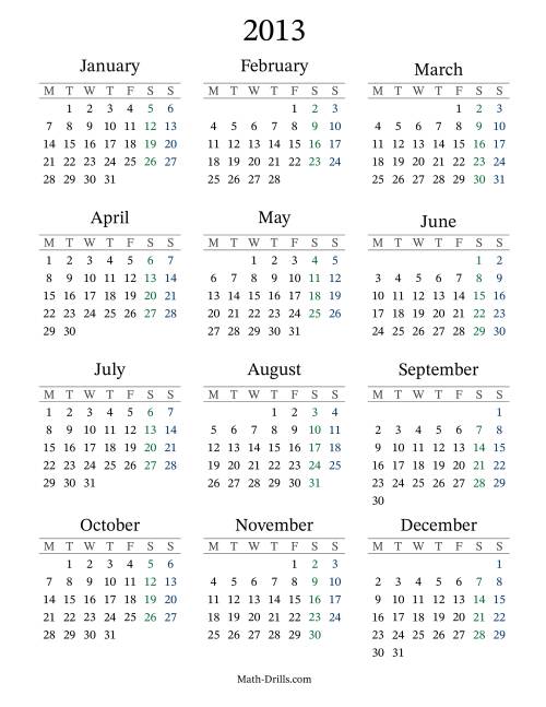 The 2013 Yearly Calendar with Monday as the First Day Math Worksheet