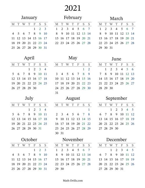The 2021 Yearly Calendar with Monday as the First Day Math Worksheet