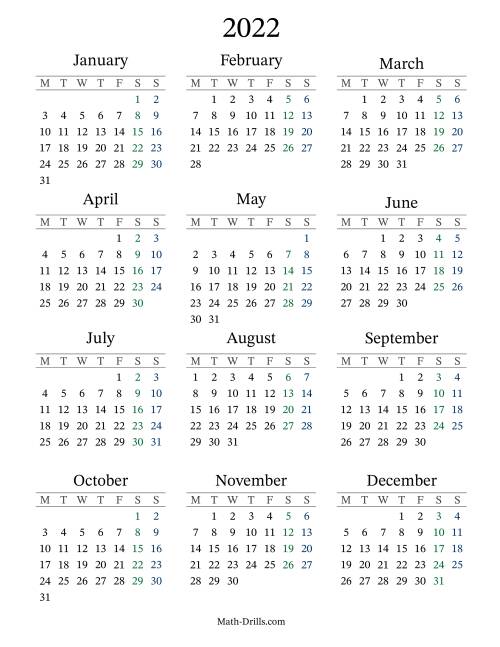 The 2022 Yearly Calendar with Monday as the First Day Math Worksheet