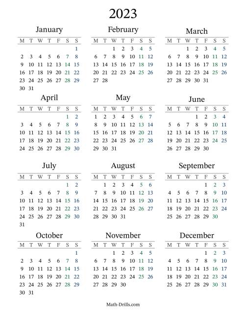 The 2023 Yearly Calendar with Monday as the First Day Math Worksheet