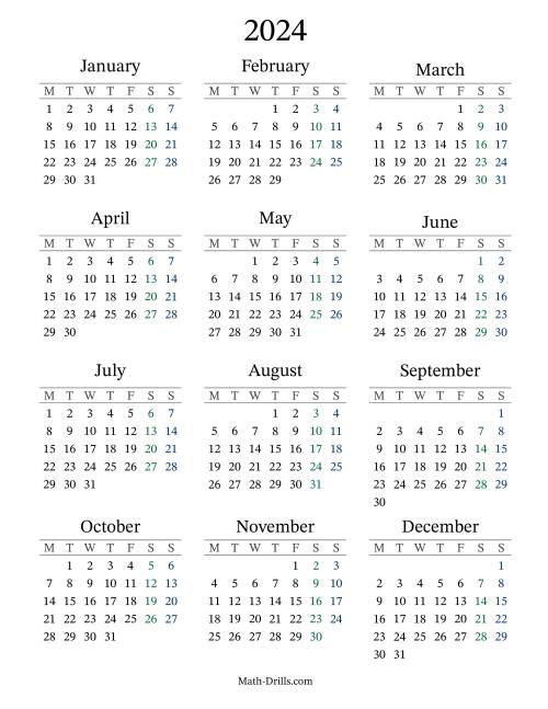 The 2024 Yearly Calendar with Monday as the First Day Math Worksheet