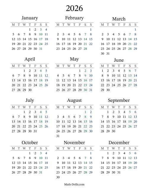 The 2026 Yearly Calendar with Monday as the First Day Math Worksheet