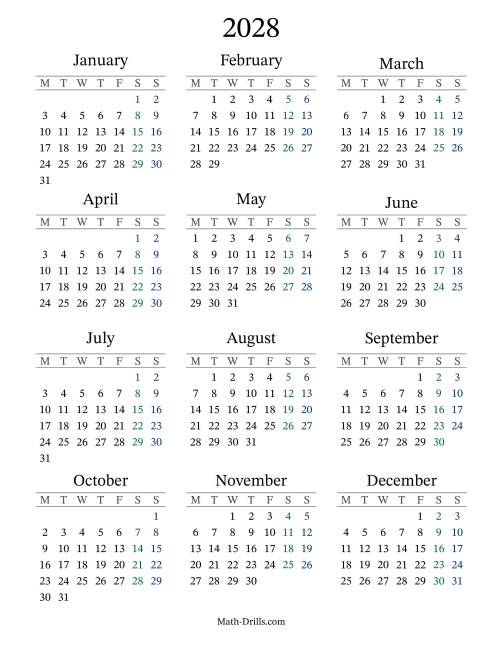 The 2028 Yearly Calendar with Monday as the First Day Math Worksheet