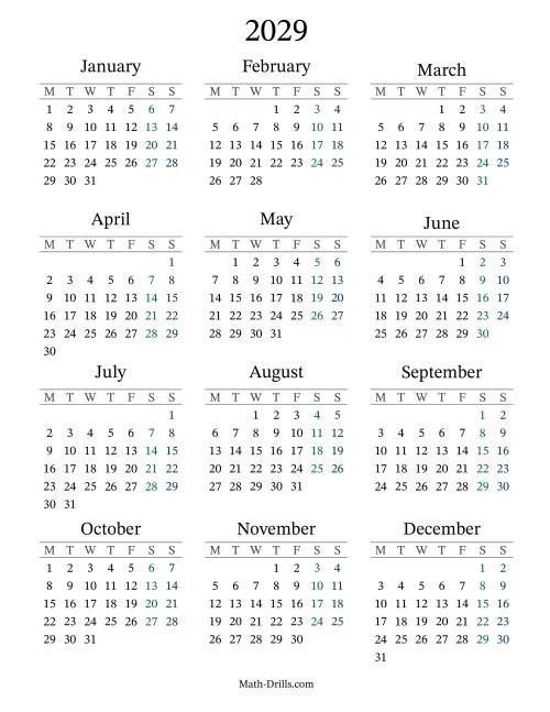 The 2029 Yearly Calendar with Monday as the First Day Math Worksheet