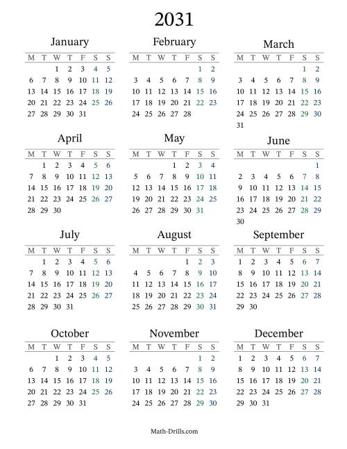 The 2031 Yearly Calendar with Monday as the First Day Math Worksheet