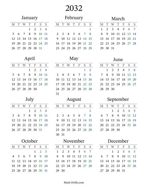 The 2032 Yearly Calendar with Monday as the First Day Math Worksheet