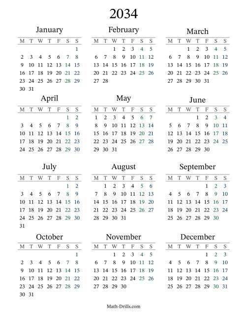 The 2034 Yearly Calendar with Monday as the First Day Math Worksheet