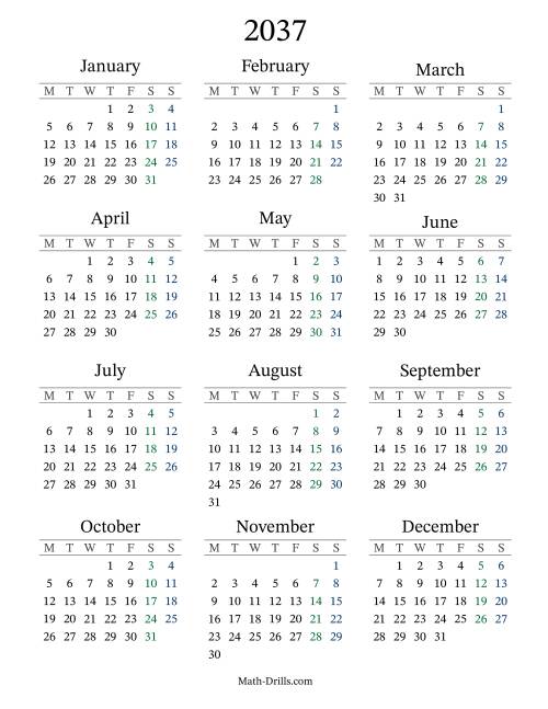 The 2037 Yearly Calendar with Monday as the First Day Math Worksheet