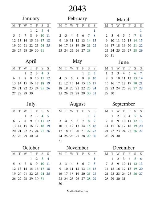 The 2043 Yearly Calendar with Monday as the First Day Math Worksheet