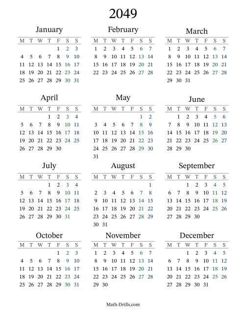The 2049 Yearly Calendar with Monday as the First Day Math Worksheet