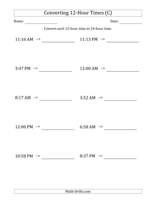 The Converting From 12-Hour to 24-Hour Times (C) Math Worksheet