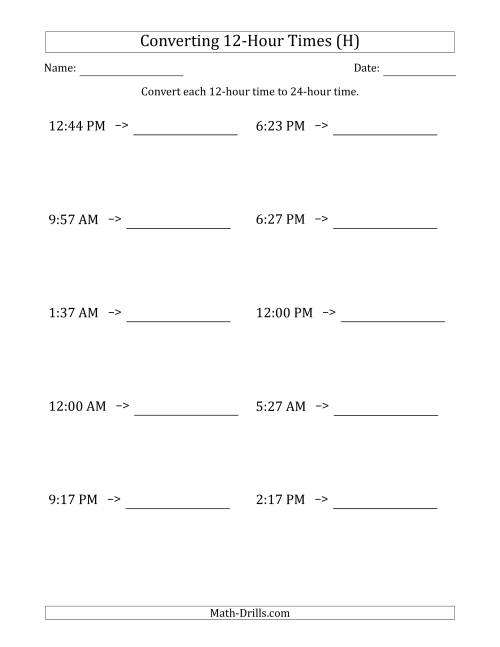 The Converting From 12-Hour to 24-Hour Times (H) Math Worksheet