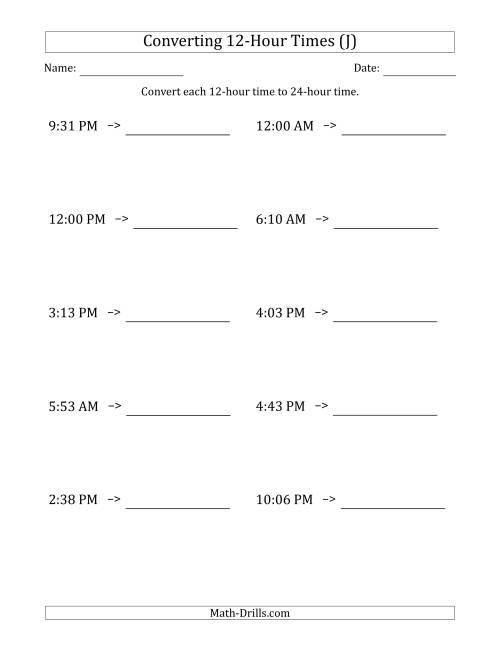 The Converting From 12-Hour to 24-Hour Times (J) Math Worksheet