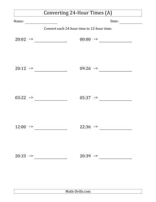 The Converting From 24-Hour to 12-Hour Times (A) Math Worksheet