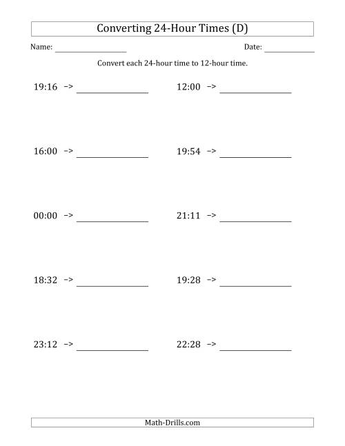 The Converting From 24-Hour to 12-Hour Times (D) Math Worksheet