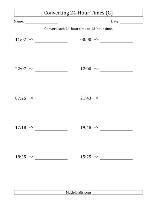 The Converting From 24-Hour to 12-Hour Times (G) Math Worksheet