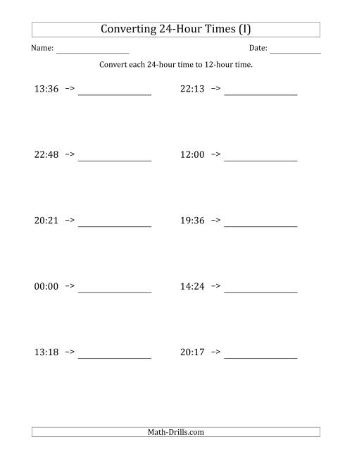 The Converting From 24-Hour to 12-Hour Times (I) Math Worksheet