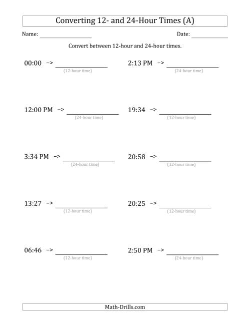 The Converting Between 12-Hour and 24-Hour Times (A) Math Worksheet