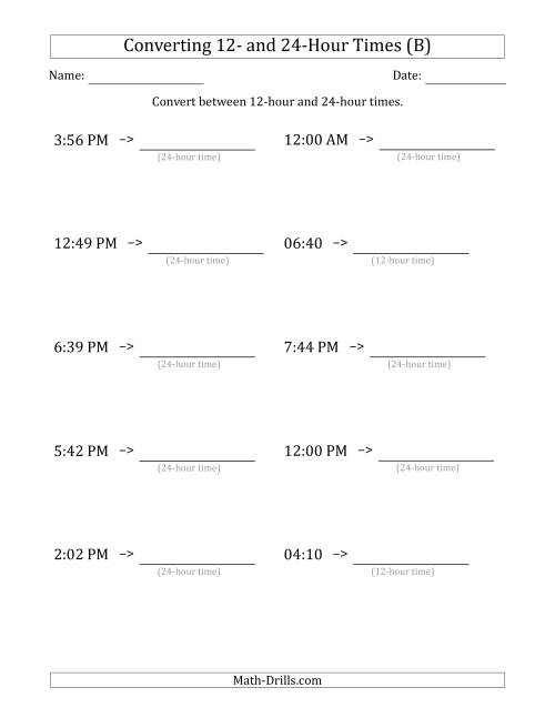 The Converting Between 12-Hour and 24-Hour Times (B) Math Worksheet
