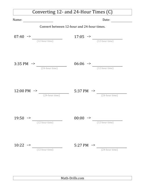 The Converting Between 12-Hour and 24-Hour Times (C) Math Worksheet
