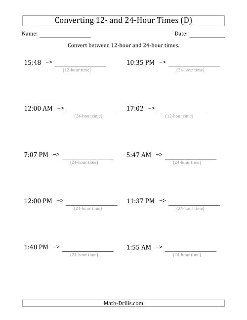 The Converting Between 12-Hour and 24-Hour Times (D) Math Worksheet