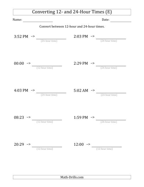 The Converting Between 12-Hour and 24-Hour Times (E) Math Worksheet