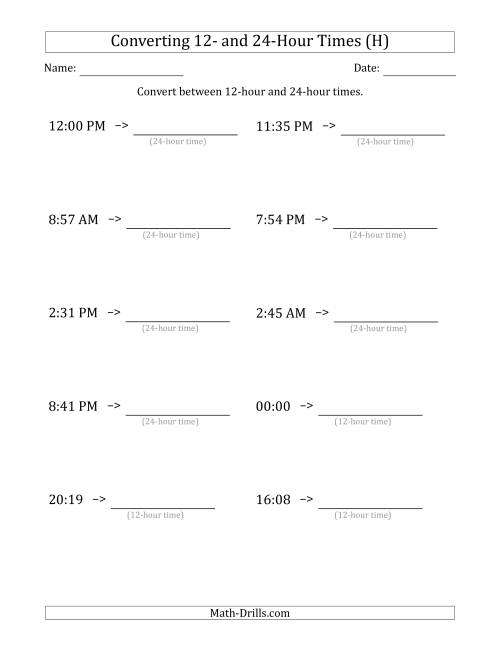 The Converting Between 12-Hour and 24-Hour Times (H) Math Worksheet