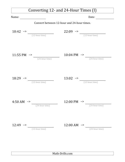 The Converting Between 12-Hour and 24-Hour Times (I) Math Worksheet