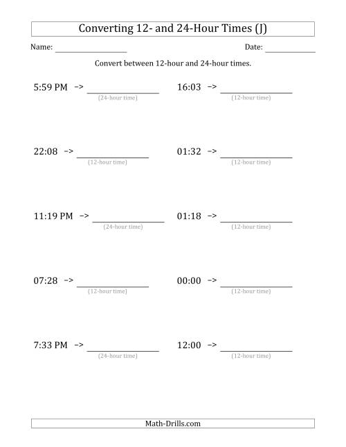 The Converting Between 12-Hour and 24-Hour Times (J) Math Worksheet