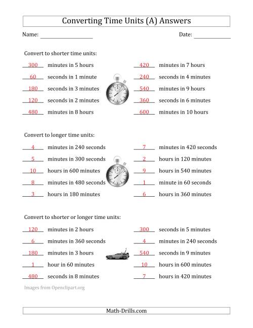 The Converting Between Time Units Including Seconds, Minutes and Hours (One Step Up or Down) (A) Math Worksheet Page 2