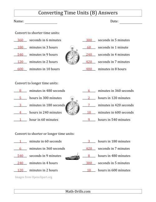 The Converting Between Time Units Including Seconds, Minutes and Hours (One Step Up or Down) (B) Math Worksheet Page 2