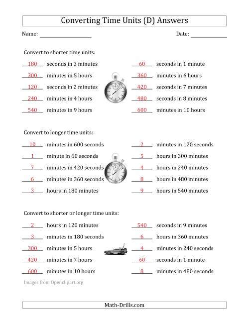 The Converting Between Time Units Including Seconds, Minutes and Hours (One Step Up or Down) (D) Math Worksheet Page 2