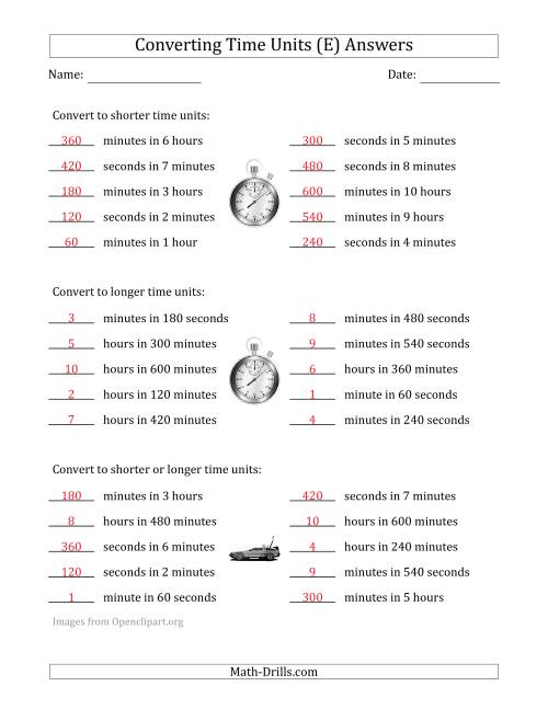 The Converting Between Time Units Including Seconds, Minutes and Hours (One Step Up or Down) (E) Math Worksheet Page 2