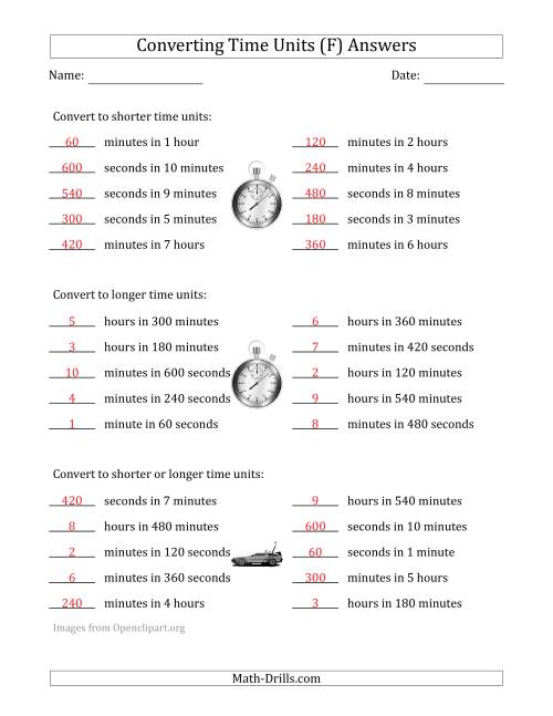 The Converting Between Time Units Including Seconds, Minutes and Hours (One Step Up or Down) (F) Math Worksheet Page 2