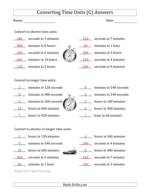 The Converting Between Time Units Including Seconds, Minutes and Hours (One Step Up or Down) (G) Math Worksheet Page 2
