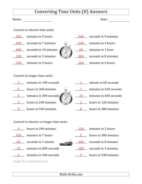 The Converting Between Time Units Including Seconds, Minutes and Hours (One Step Up or Down) (H) Math Worksheet Page 2