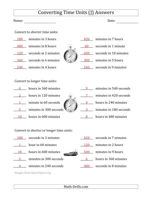 The Converting Between Time Units Including Seconds, Minutes and Hours (One Step Up or Down) (J) Math Worksheet Page 2