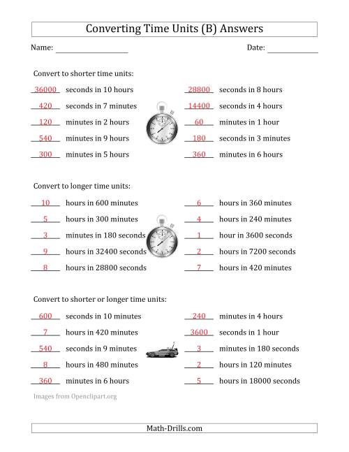 The Converting Between Time Units Including Seconds, Minutes and Hours (One or Two Steps Up or Down) (B) Math Worksheet Page 2