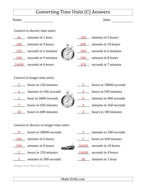 The Converting Between Time Units Including Seconds, Minutes and Hours (One or Two Steps Up or Down) (C) Math Worksheet Page 2