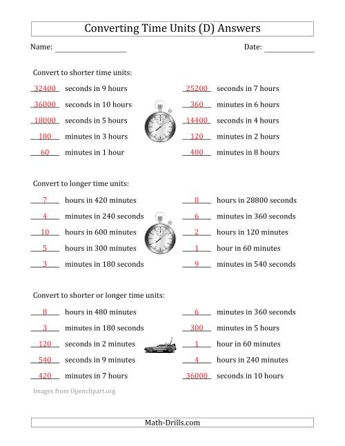 The Converting Between Time Units Including Seconds, Minutes and Hours (One or Two Steps Up or Down) (D) Math Worksheet Page 2
