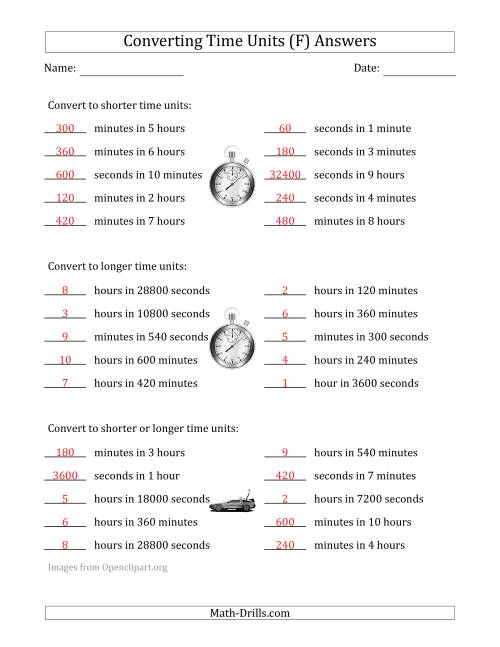 The Converting Between Time Units Including Seconds, Minutes and Hours (One or Two Steps Up or Down) (F) Math Worksheet Page 2