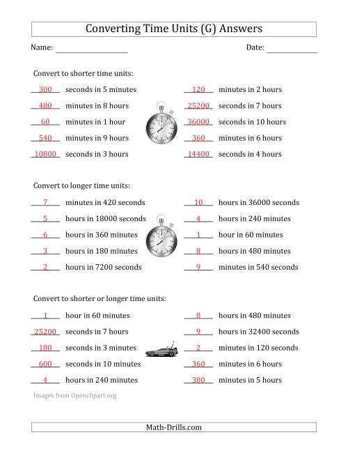 The Converting Between Time Units Including Seconds, Minutes and Hours (One or Two Steps Up or Down) (G) Math Worksheet Page 2