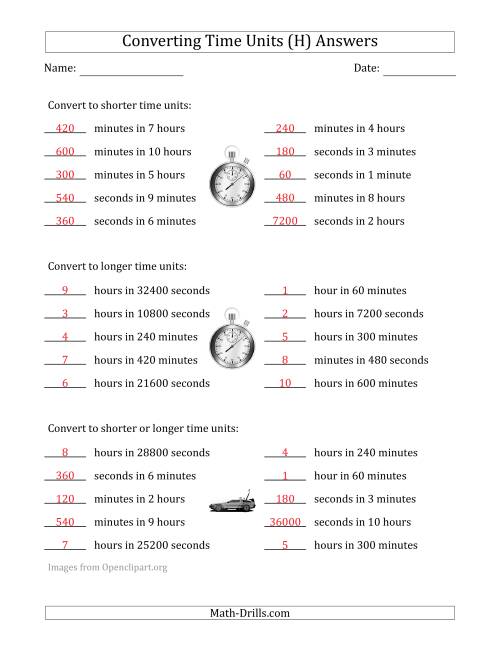 The Converting Between Time Units Including Seconds, Minutes and Hours (One or Two Steps Up or Down) (H) Math Worksheet Page 2