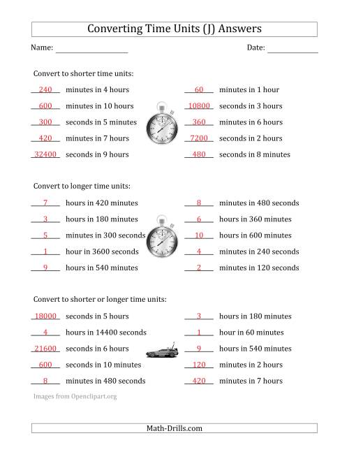 The Converting Between Time Units Including Seconds, Minutes and Hours (One or Two Steps Up or Down) (J) Math Worksheet Page 2