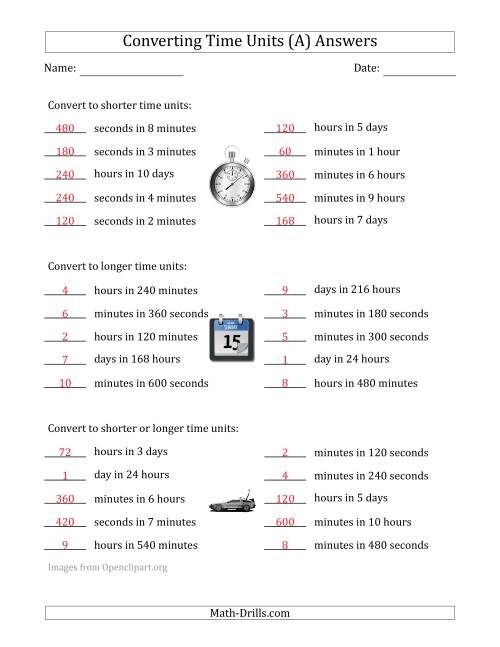 The Converting Between Time Units Including Seconds, Minutes, Hours and Days (One Step Up or Down) (A) Math Worksheet Page 2