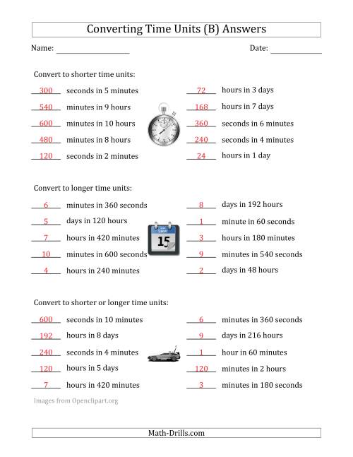 The Converting Between Time Units Including Seconds, Minutes, Hours and Days (One Step Up or Down) (B) Math Worksheet Page 2