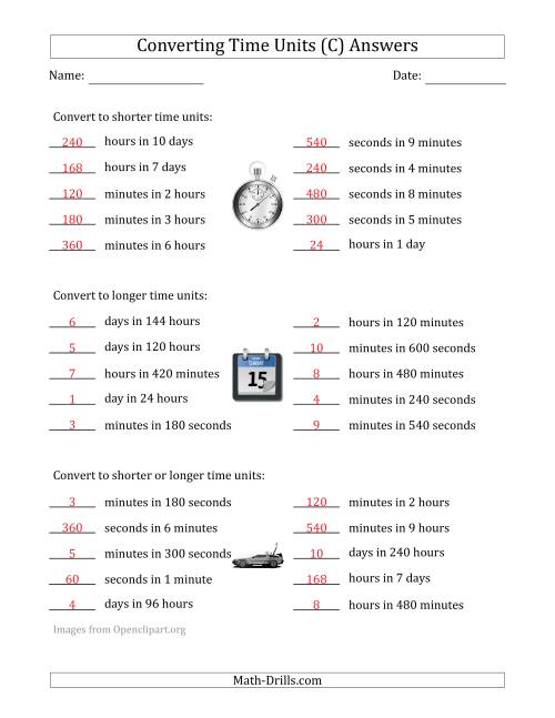 The Converting Between Time Units Including Seconds, Minutes, Hours and Days (One Step Up or Down) (C) Math Worksheet Page 2
