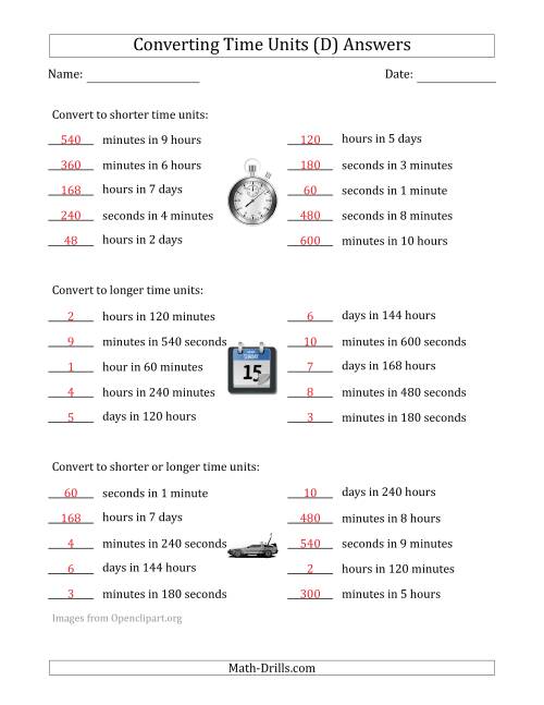 The Converting Between Time Units Including Seconds, Minutes, Hours and Days (One Step Up or Down) (D) Math Worksheet Page 2