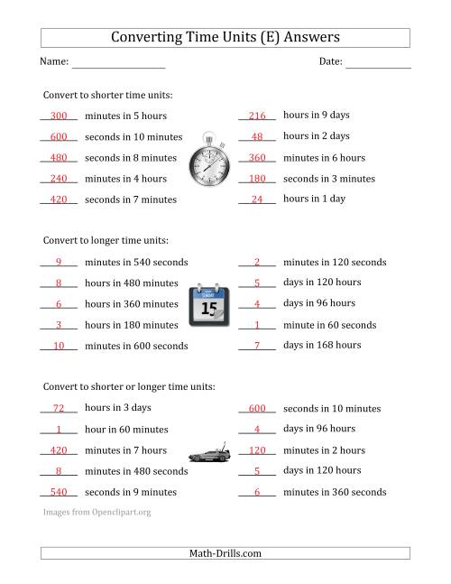 The Converting Between Time Units Including Seconds, Minutes, Hours and Days (One Step Up or Down) (E) Math Worksheet Page 2