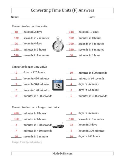 The Converting Between Time Units Including Seconds, Minutes, Hours and Days (One Step Up or Down) (F) Math Worksheet Page 2